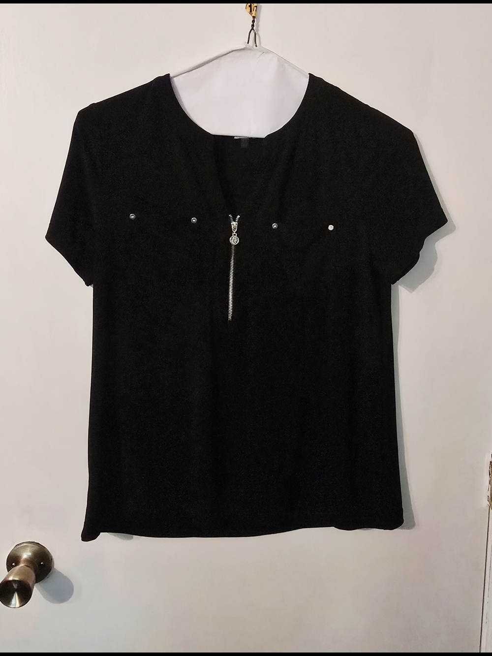 Anne Klein Black Short-Sleeve Zip Front Women's Top